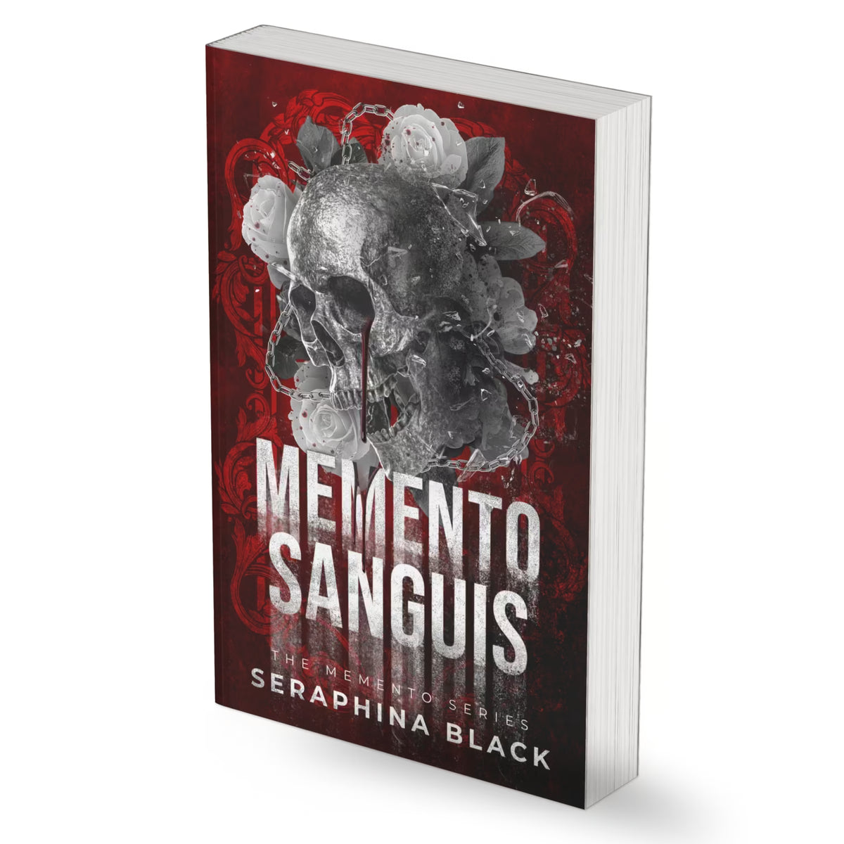 A 3D mockup of a book titled 'MEMENTO SANGUIS' by Seraphina Black, showing the front cover with a skull and roses on a dark red background, set against a plain white background.