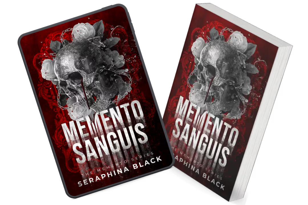 Two paperback book covers shown on a white background, featuring a dark red and black design with a grayscale skull and roses and the title 'MEMENTO SANGUIS' by Seraphina Black.