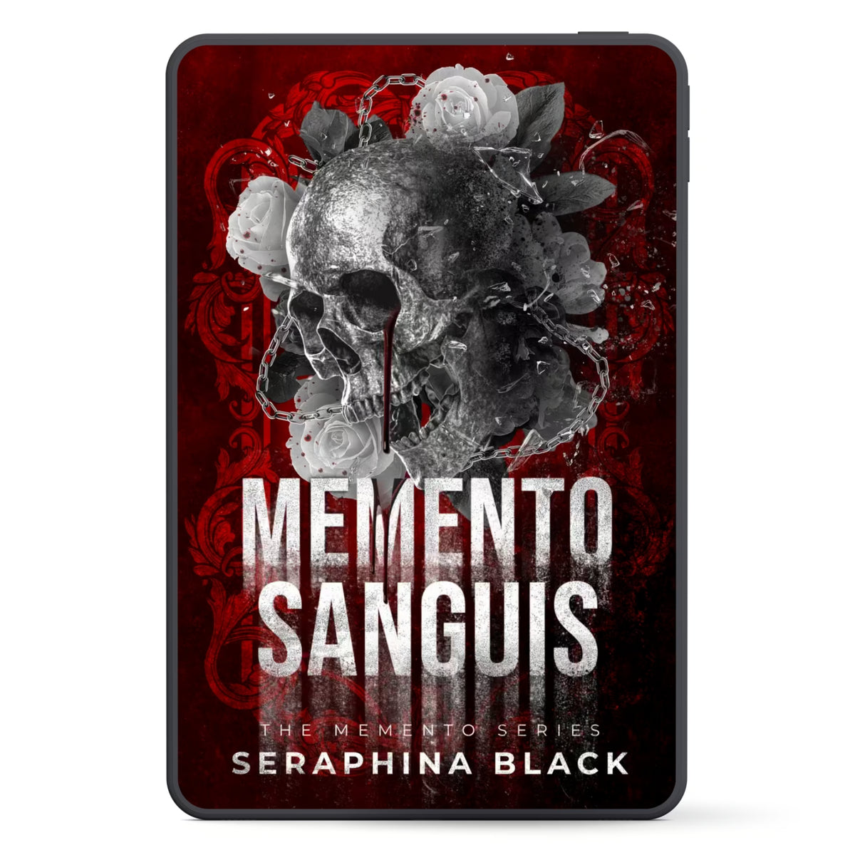 A digital book cover mockup for 'MEMENTO SANGUIS' by Seraphina Black, displayed on a black tablet device against a plain white background. The cover features a dark red background with a detailed grayscale skull decorated with white roses and dripping red blood, with the title in bold white text.