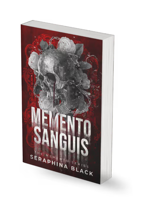 A 3D mockup of a paperback book titled 'MEMENTO SANGUIS' by Seraphina Black, showing the front cover with a skull and roses design on a dark red background, set against a plain white background.