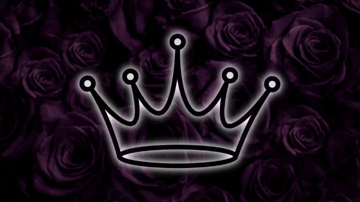 Neon crown graphic on a dark purple background with roses