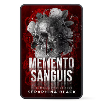 A digital book cover mockup for 'MEMENTO SANGUIS' by Seraphina Black, displayed on a black tablet device against a plain white background. The cover features a dark red background with a detailed grayscale skull decorated with white roses and dripping red blood, with the title in bold white text.