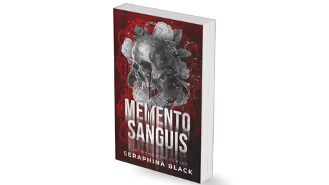 A 3D mockup of a book titled 'MEMENTO SANGUIS' by Seraphina Black, featuring a dark red and black cover with a skull and roses, set against a plain white background.