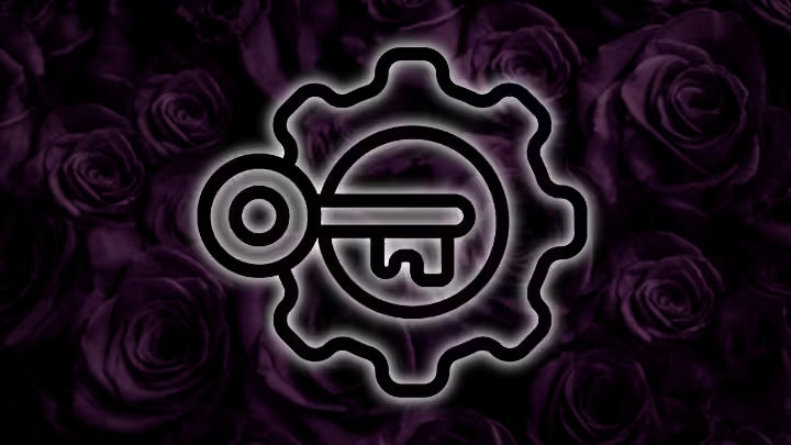 Neon key and gear symbol on a dark background with purple roses